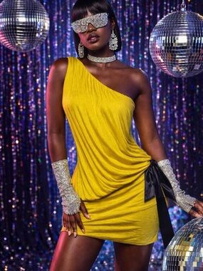 One-Shoulder Yellow Cocktail Dress with Side Bow